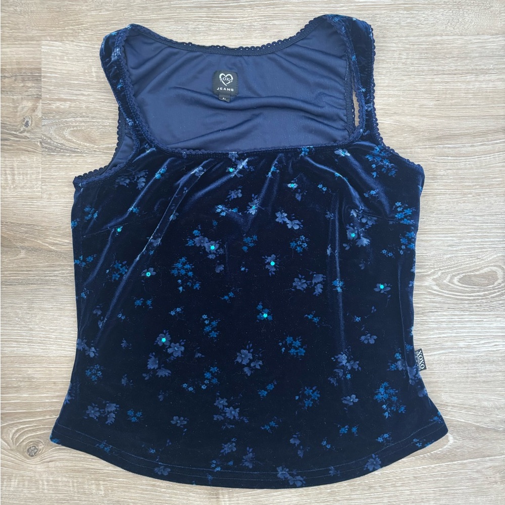 Vintage Y2K XOXO Navy Blue Floral Velvet Sequins Sleeveless Tank Top Square Neck - Picture 2 of 8